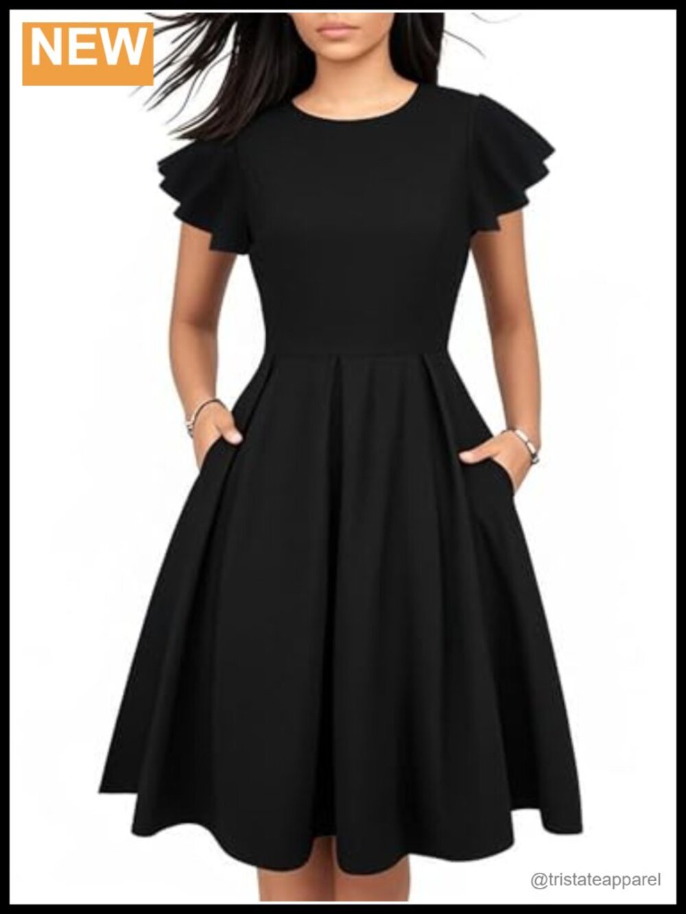 Women's Flounce Sleeve Vintage Floral Fit & Flare Dress with Pockets